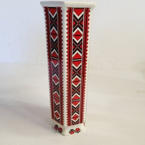 Ukrainian Arts by Stefania Red White Folk Art Patterned Vase Maximalist Eclectic - Picture 9 of 11